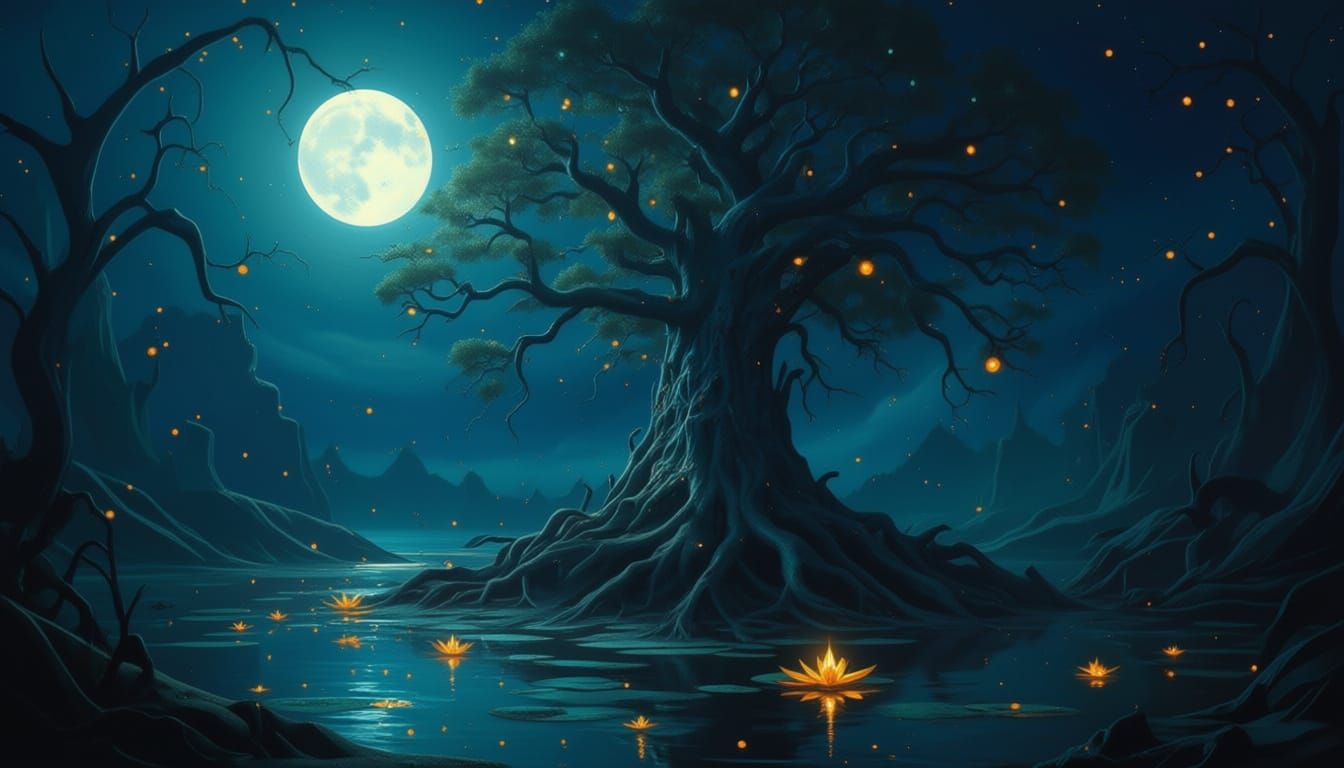 Moonlit Tree in Surreal Digital Painting