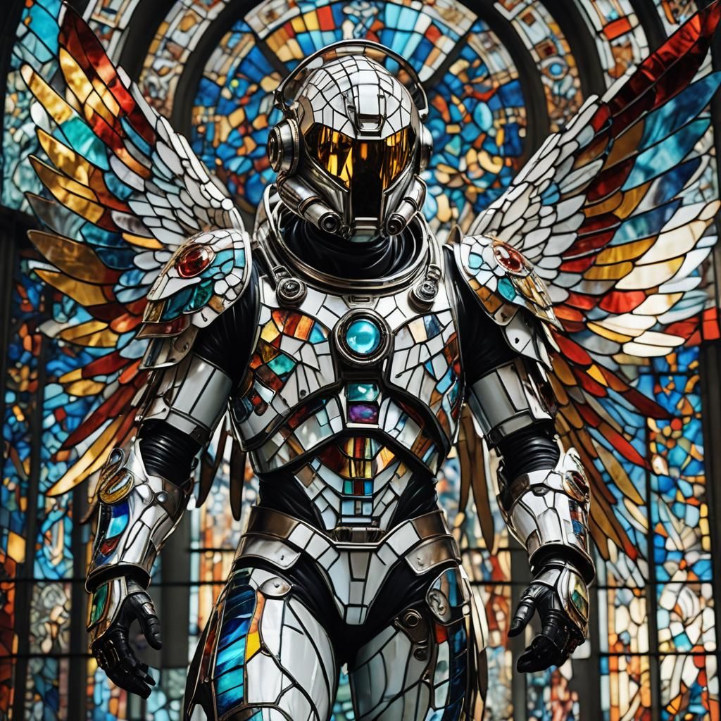Biomechanical Astronaut with Stained Glass Wings