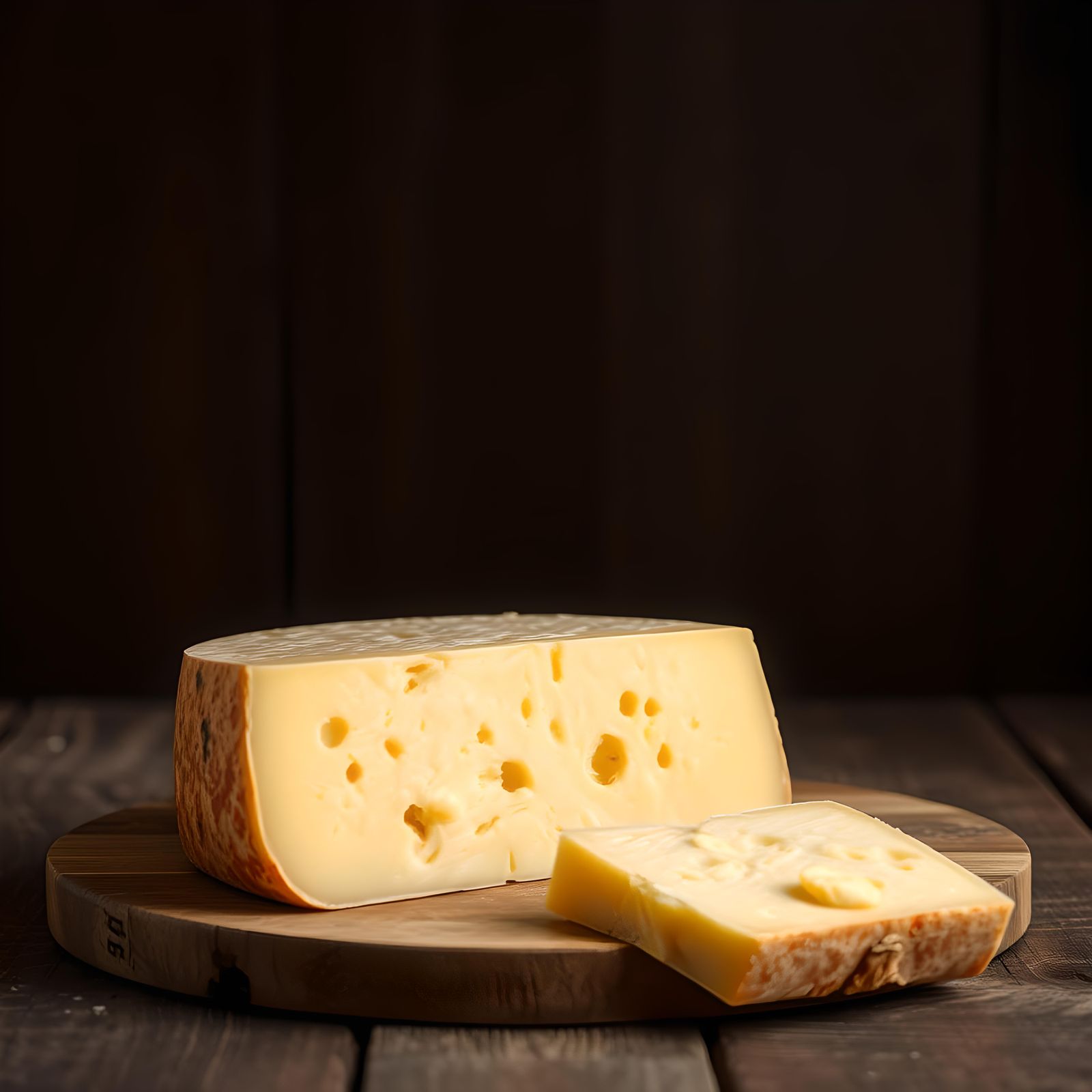 Hyperrealistic Gruyère Cheese on Dark Wood