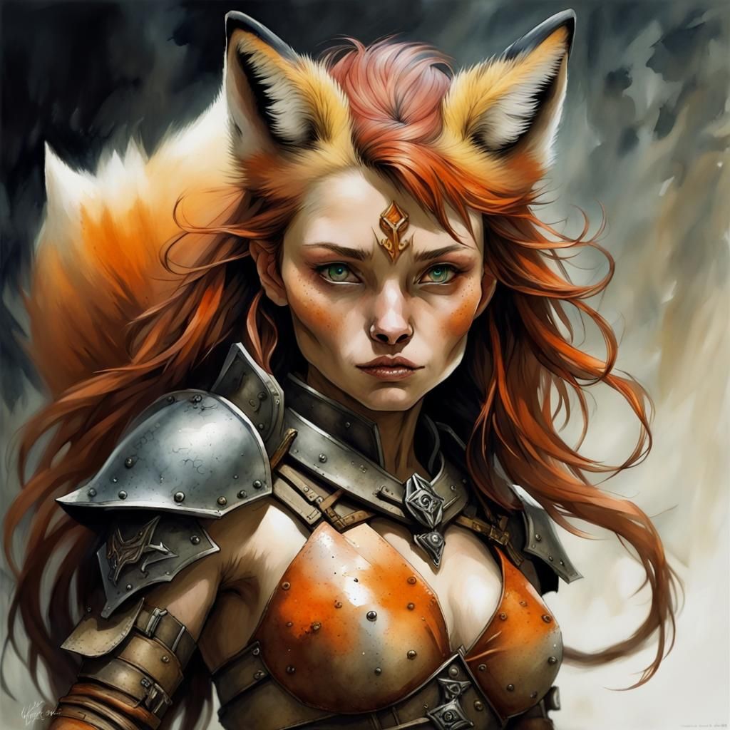 Fox-Human Hybrid Warrior in Dark Fantasy, Watercolor