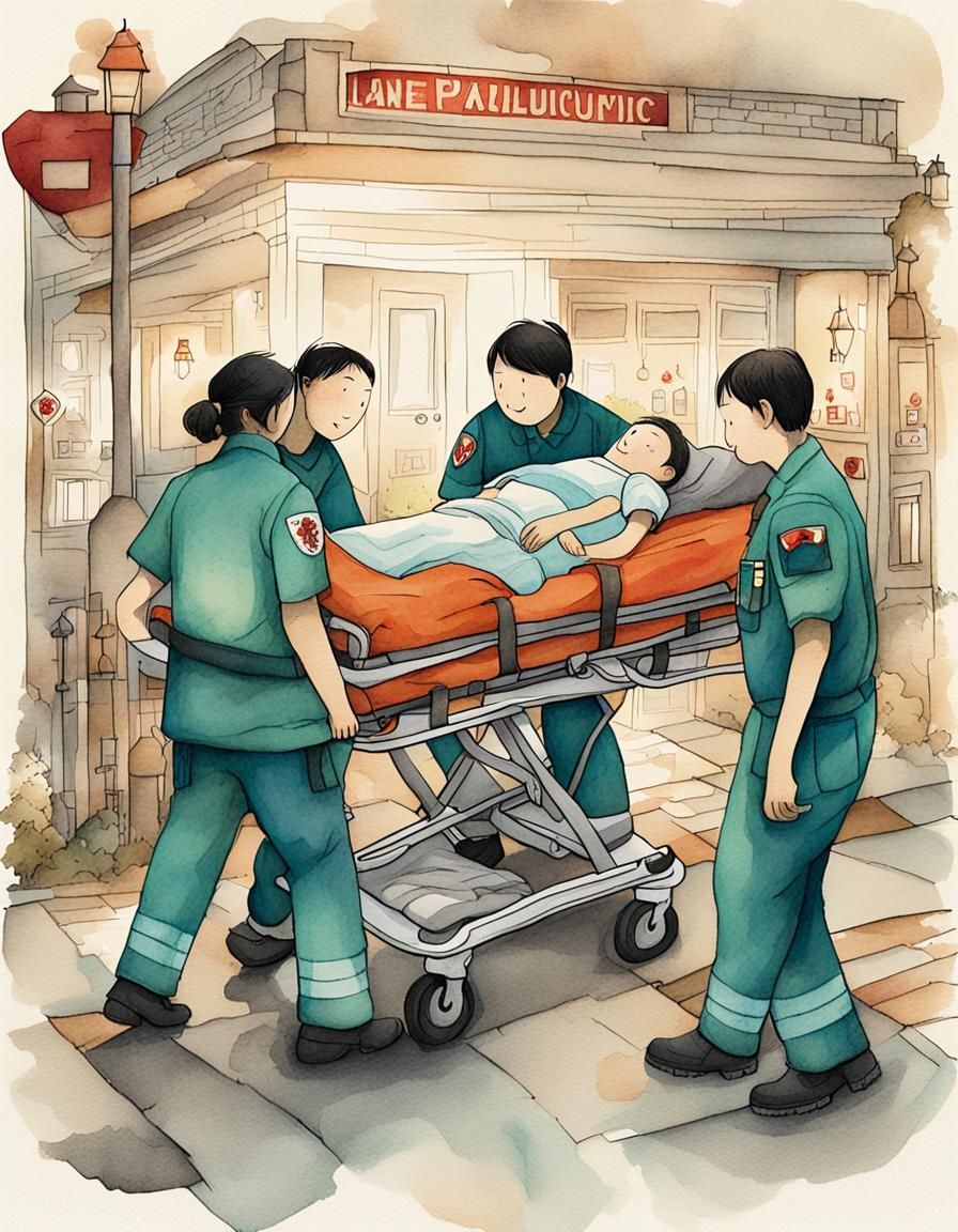 Paramedics Rush Patient: Whimsical Watercolor Illustration