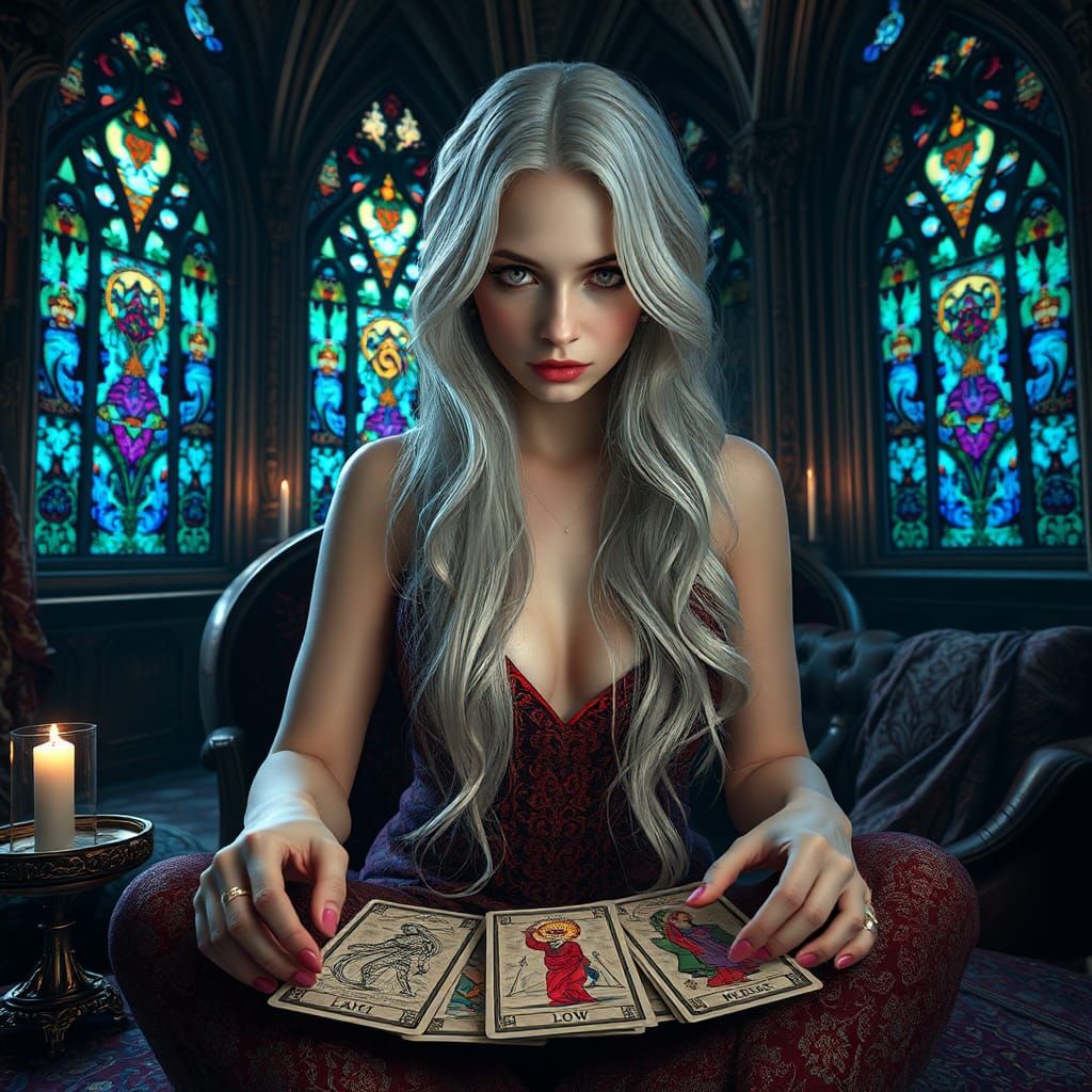 Woman Reads Tarot in Gothic Chamber, Surreal Art