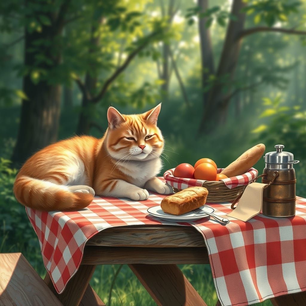 Whimsical Colored Pencil Illustration of Lazy Cat on Vintage...