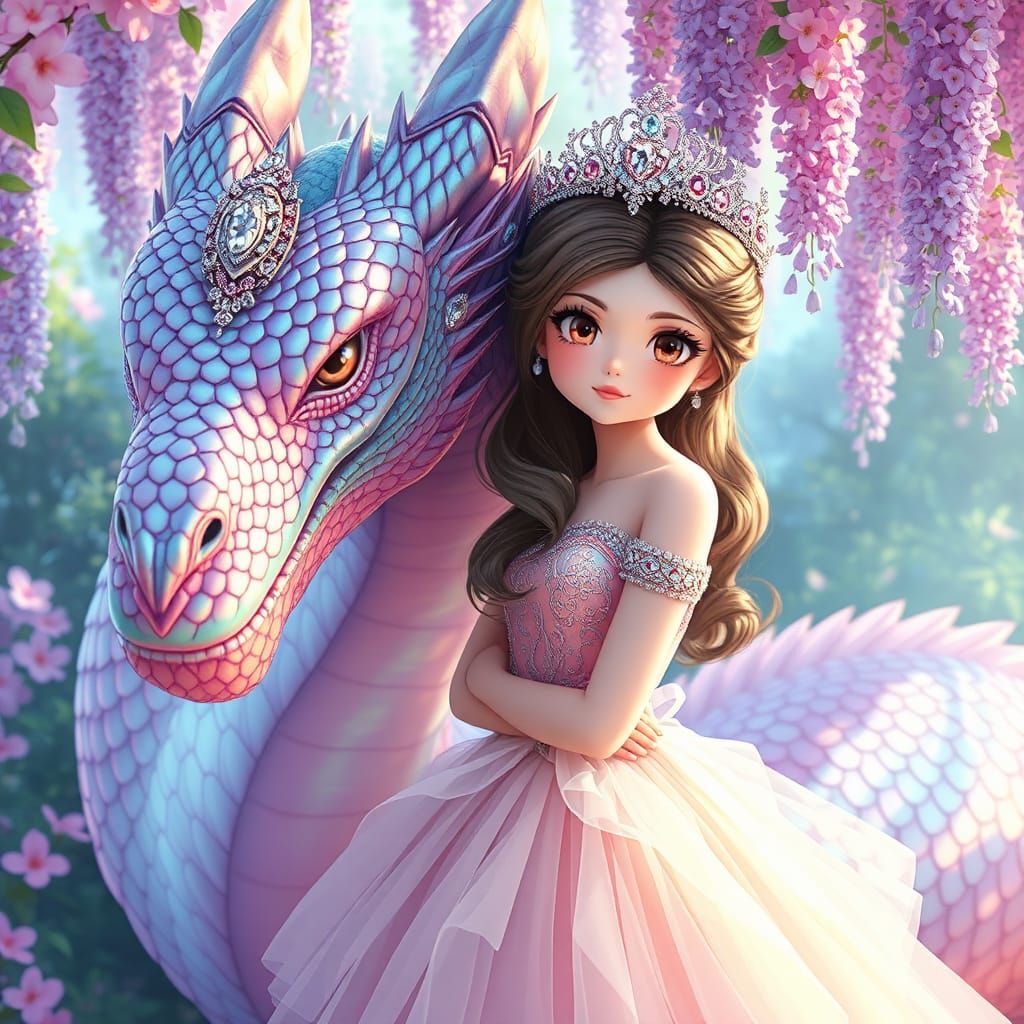 Princess and Iridescent Dragon in Retro Anime Style