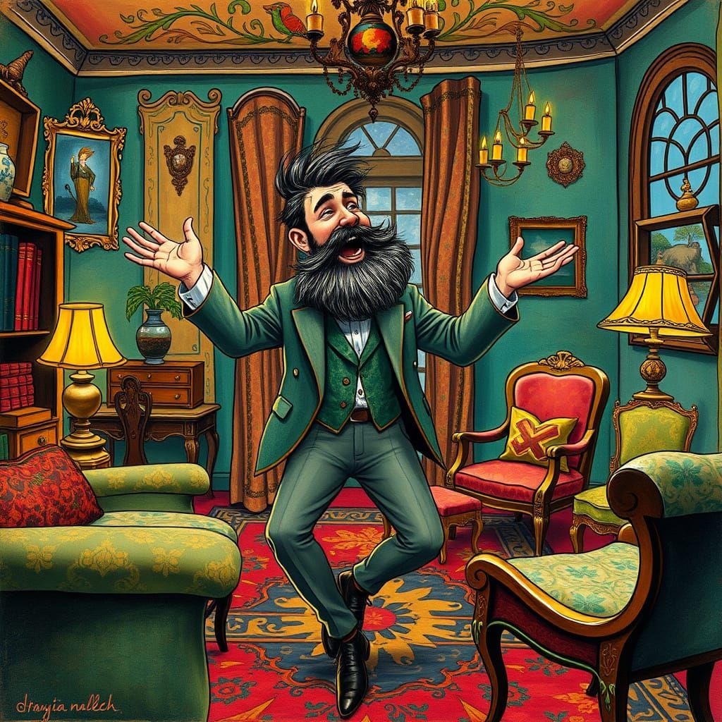 Joyful Man Dancing in Luxurious Study, Chagall Style