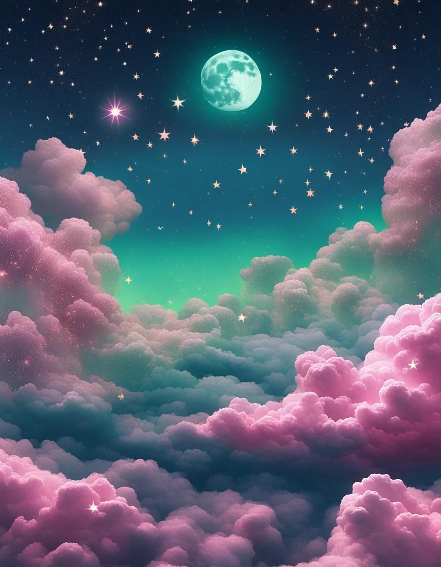 Dreamy Night Sky: Stars, Moon, and Clouds