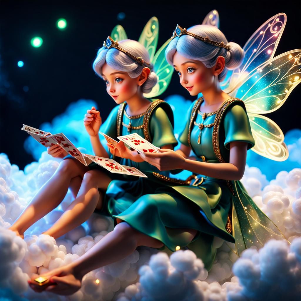 Fairies Play Magical Cards in Golden Sunset
