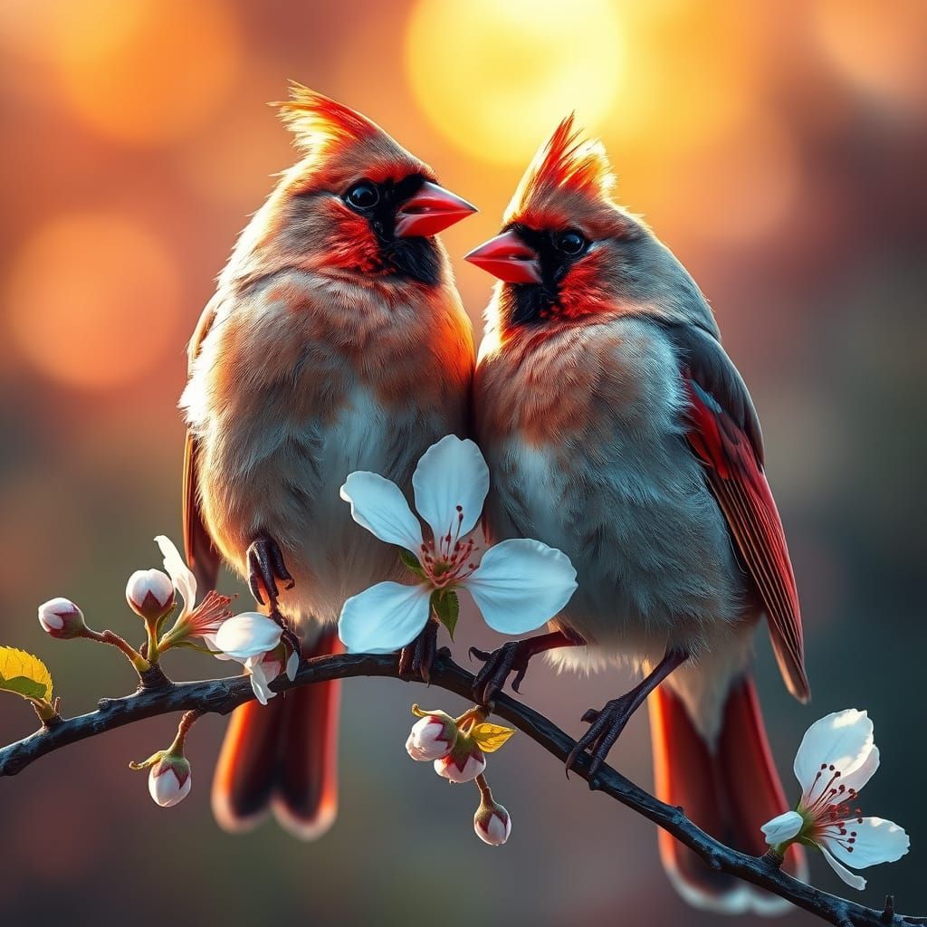 Two Cardinals On Apple Blossoms In Golden Hour Light