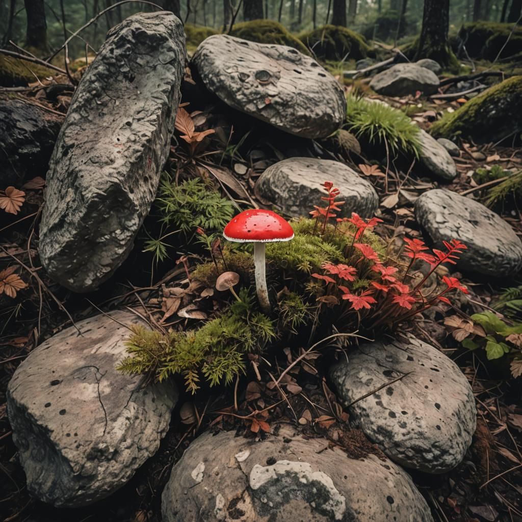 Mushroom with Red Cap: Cinematic Film Still