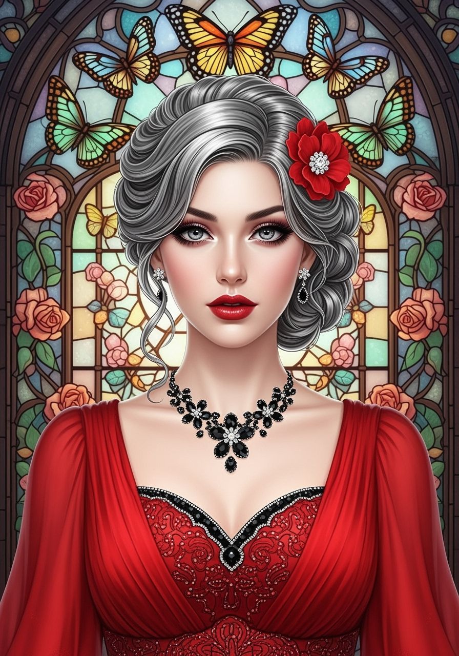 Beautiful Woman in Chiffon Dress with Rhinestone Flower