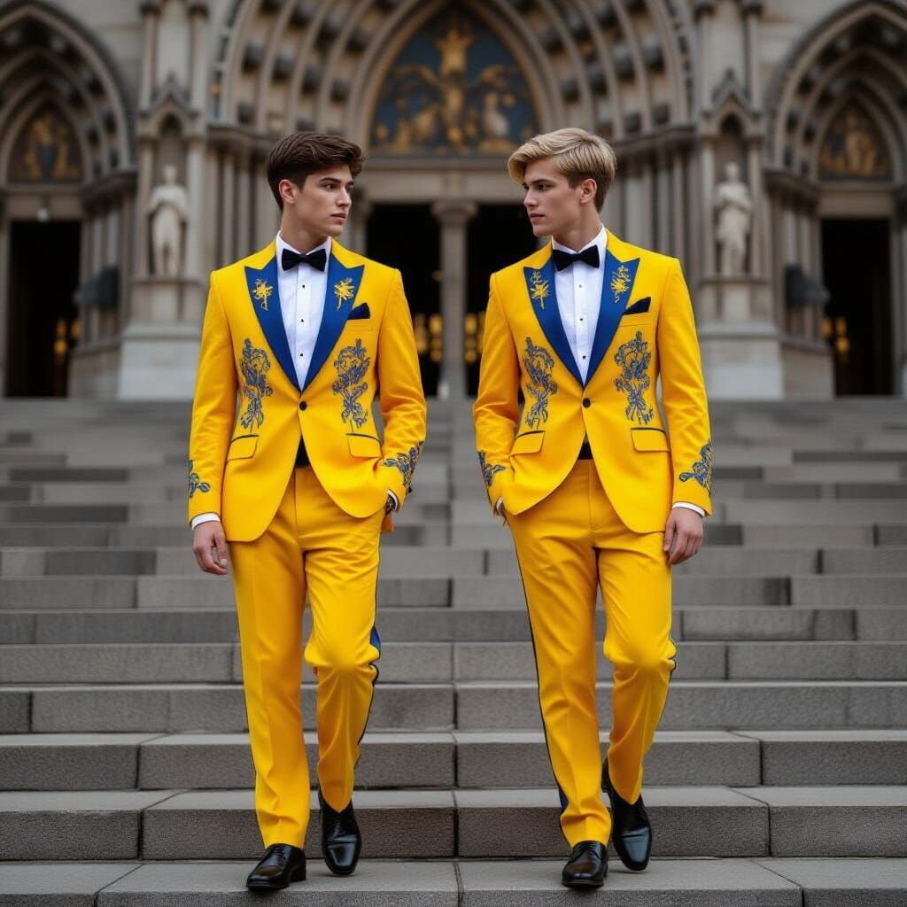 Men in Yellow Tuxedos Walking Down Cathedral Steps