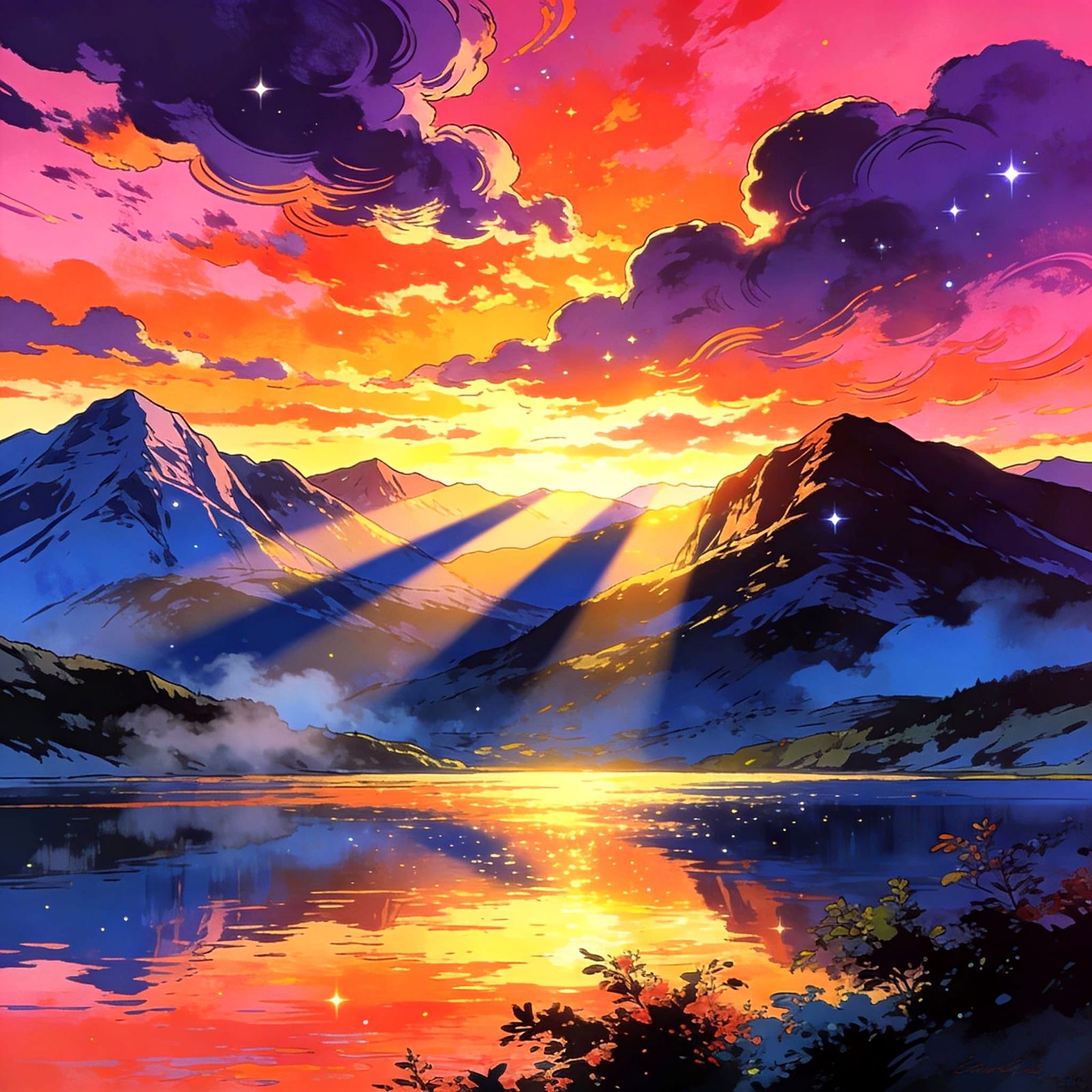 Vivid Sunset Landscape in Anime and Oil Painting Style