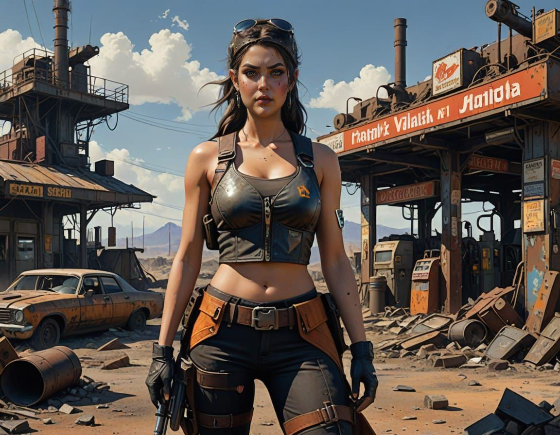 Curvy Lady Raider in Rusty Gas Station, Airbrush Painting