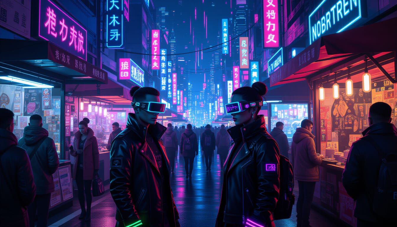 Cyberpunk Street Market in Neon Style