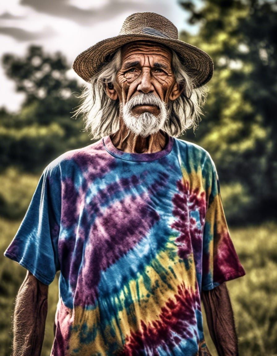 An old Hippy guy wearing a tie dye t shirt 3