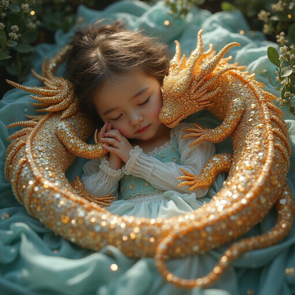 Girl Sleeping with Beaded Dragons in Ethereal Light