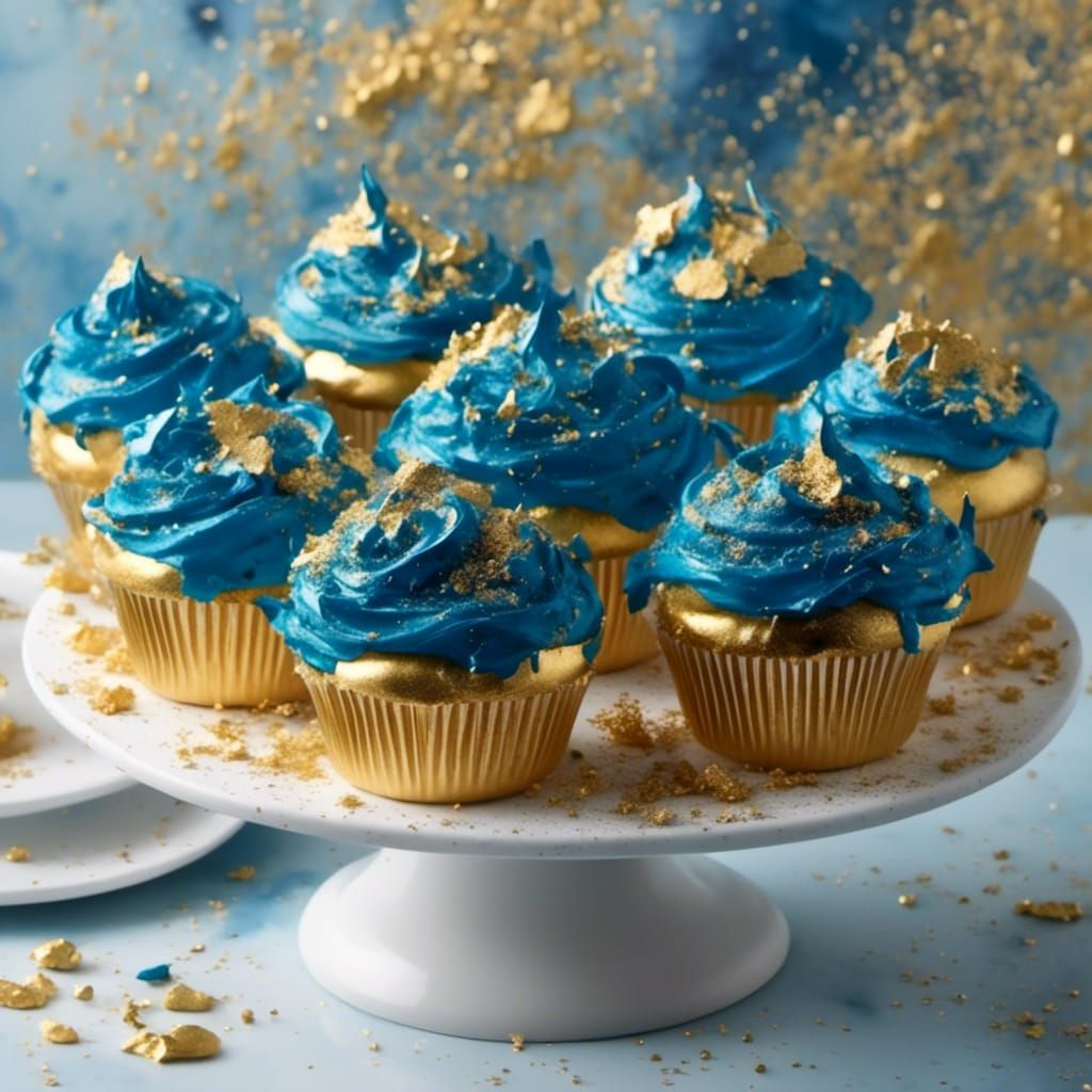Radiant Blue and Gold Cupcakes, Detailed Icing