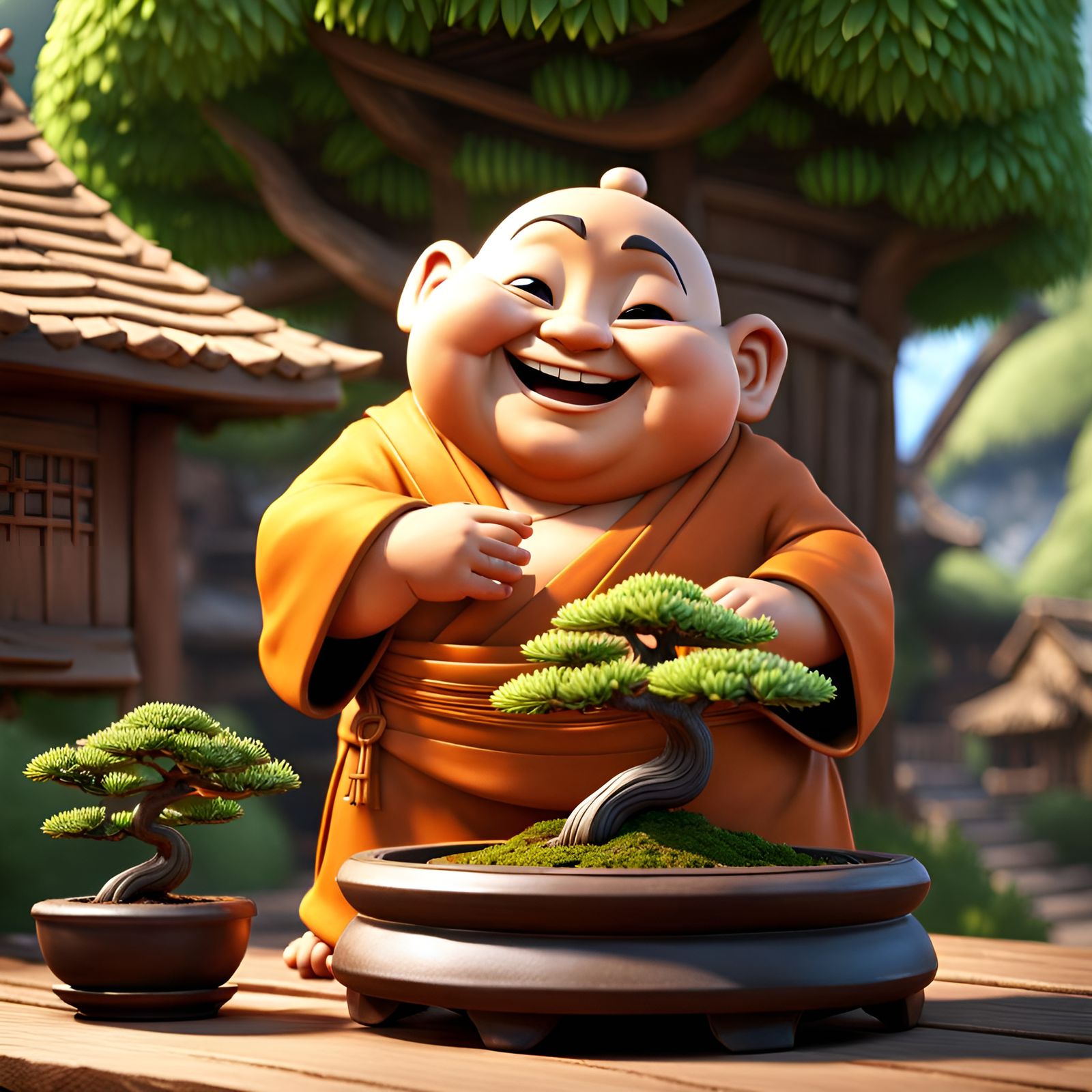 Happy Monk Trimming Bonsai Tree, Pixar Style