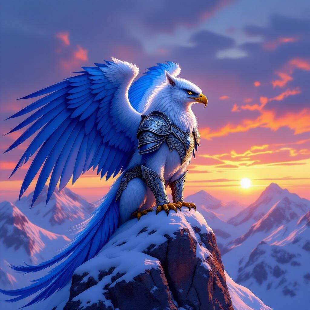 Armored Griffin Perched on Snowy Peak
