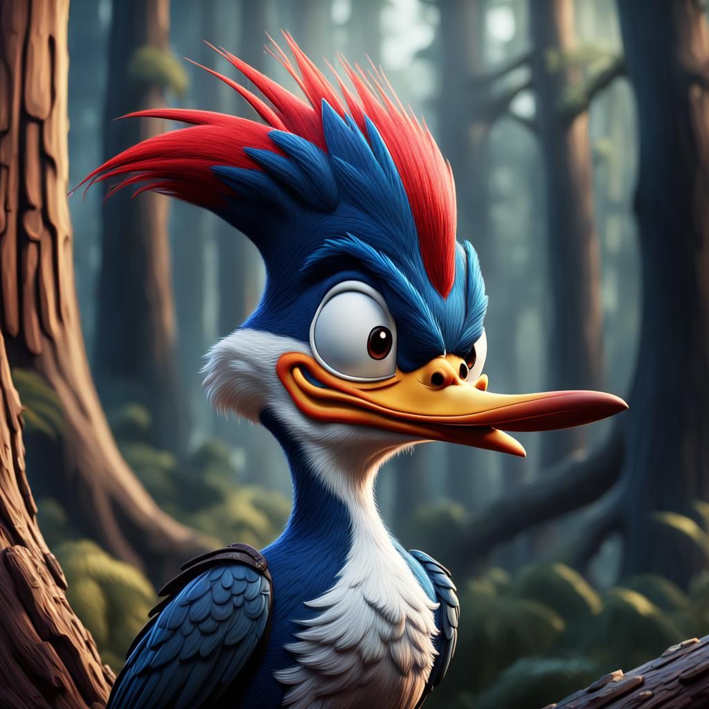 Cartoon Portrait of Woody Woodpecker in Detailed Style