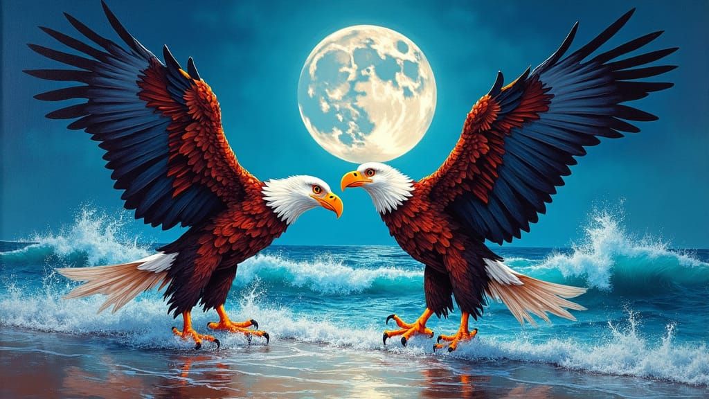 Eagles and Ravens on Moonlit Beach: Fauvist Digital Art