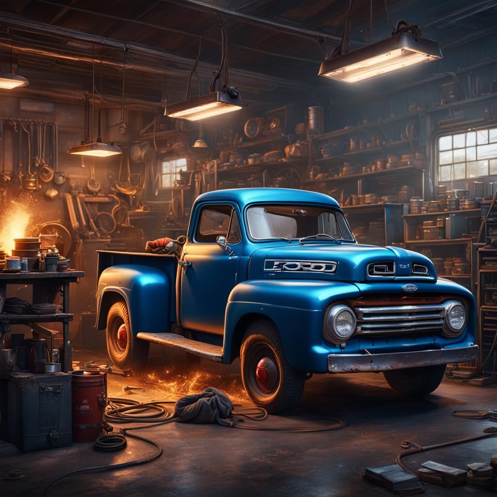 Welder Repairs Ford Truck: Detailed Matte Painting