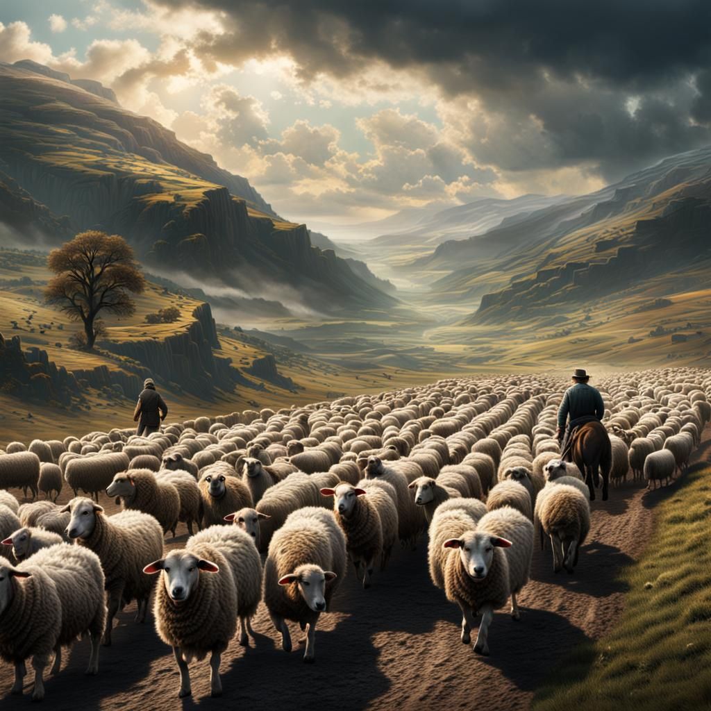 Farmer Herding Sheep with Dog in Field