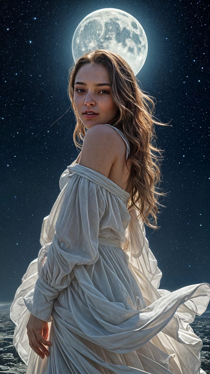 Girl Under New Moon in Hyperdetailed Art Style