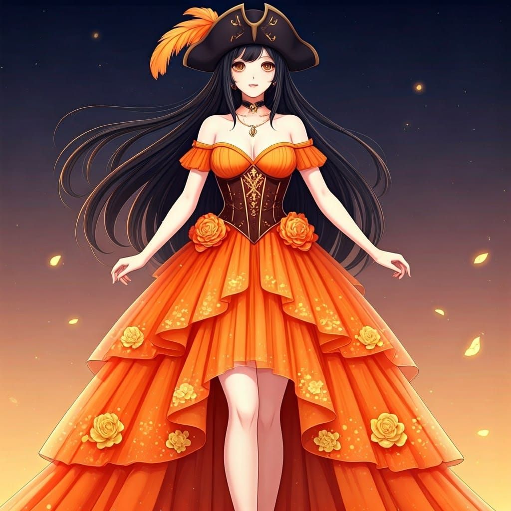 Feminine Pirate Goddess in Vibrant Orange Gown