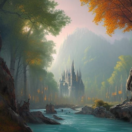 Gothic Fortress City in Golden Forest, Digital Art