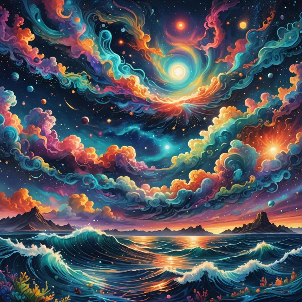 Cosmic Ocean Panorama with Bioluminescent Life