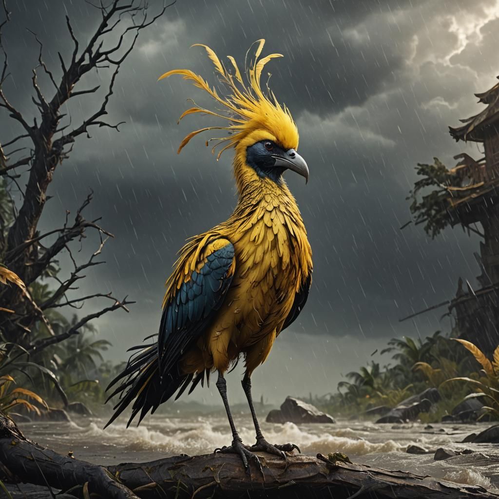 Yellow Bird in Storm: Detailed Matte Painting