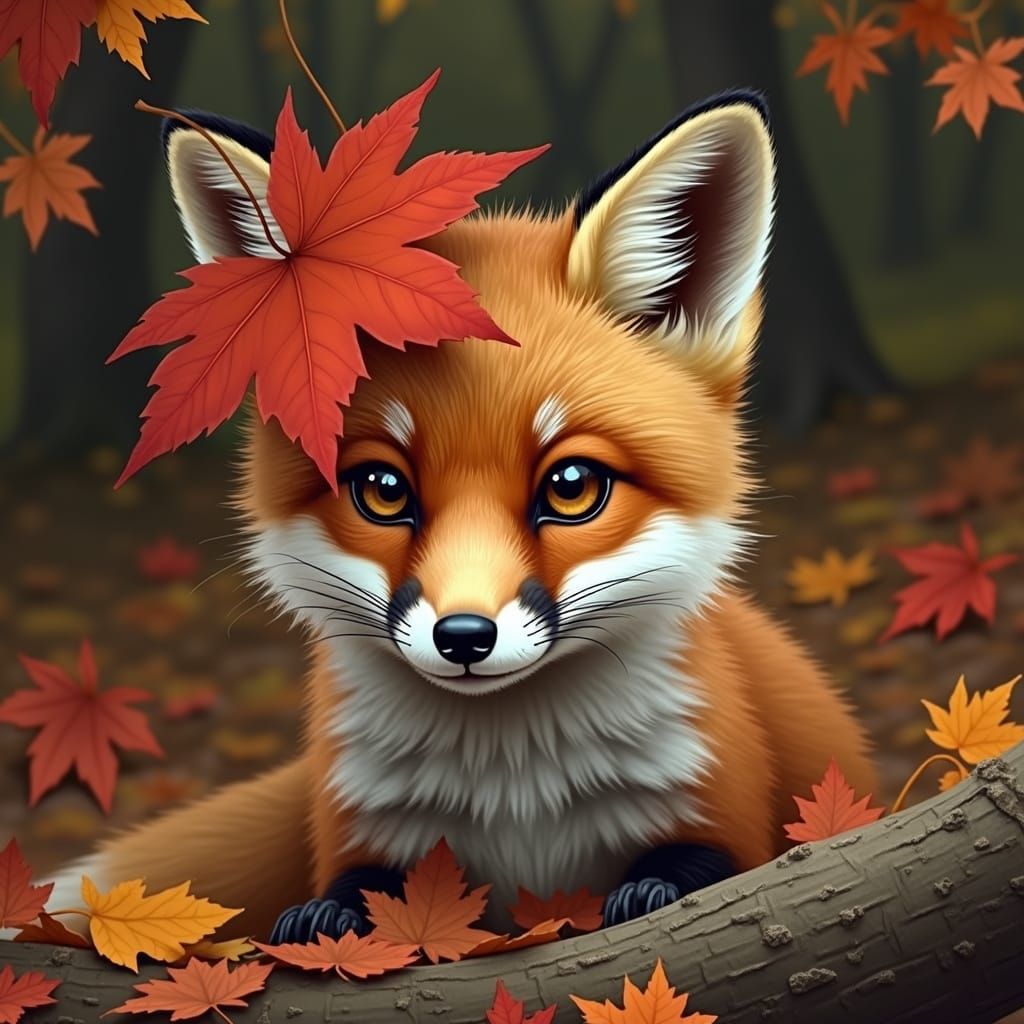 Baby Fox Peeking From Maple Leaf in William Morris Style