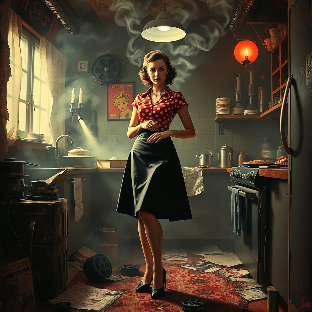 Sultry Pop Art Woman in Smoky Kitchen, 1950s Horror Influenc...