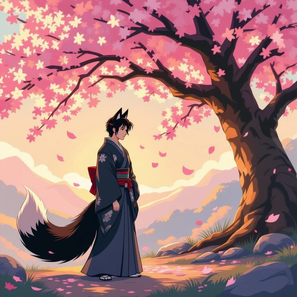 Handsome Kitsune Man Under Cherry Blossoms in 90s Anime Styl...