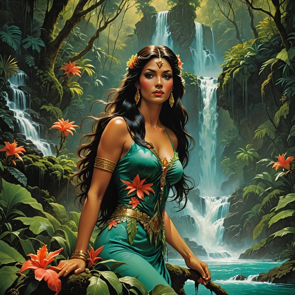 Polynesian Woman by Waterfall, Fantasy Art