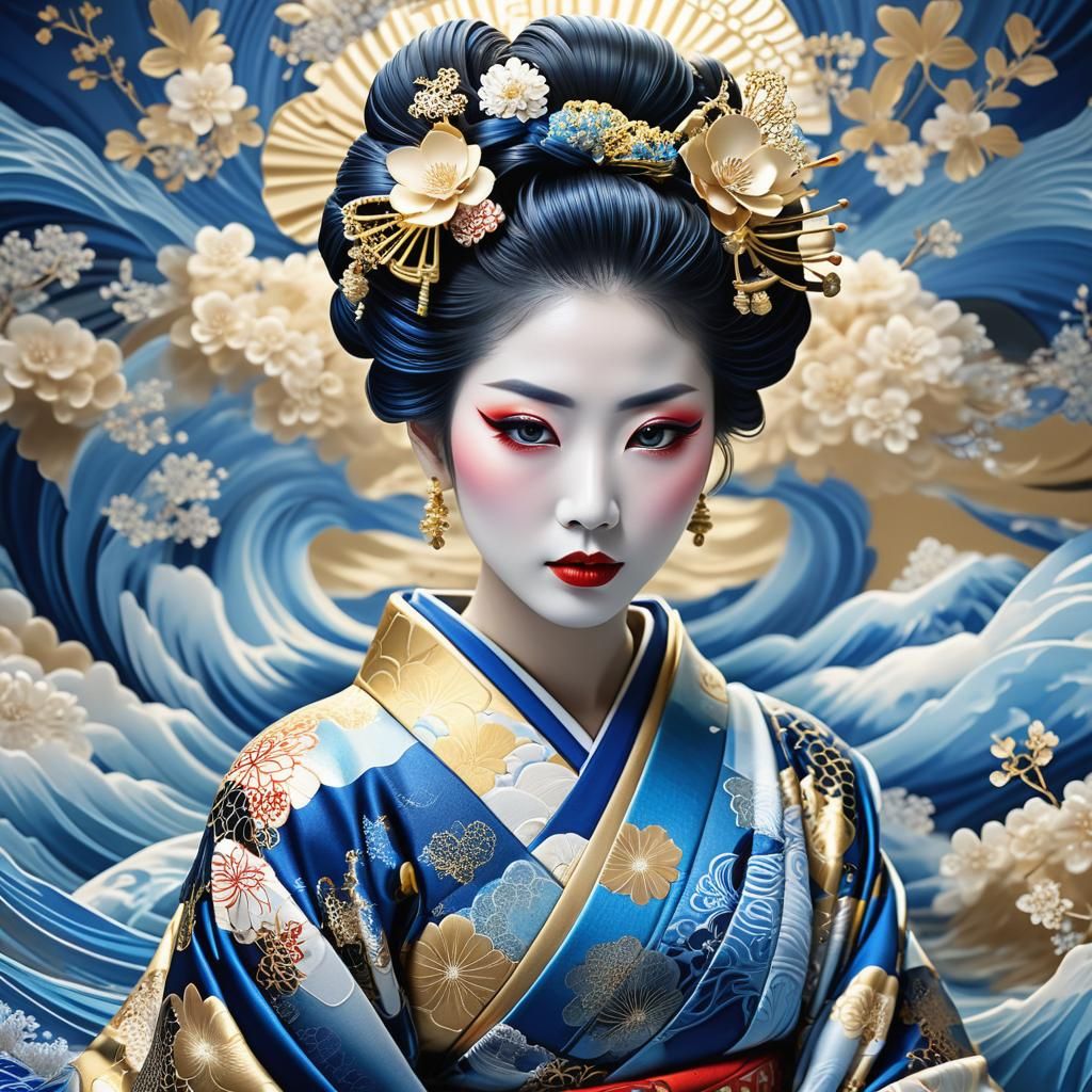 Blue Geisha Portrait in Fractal Art Style