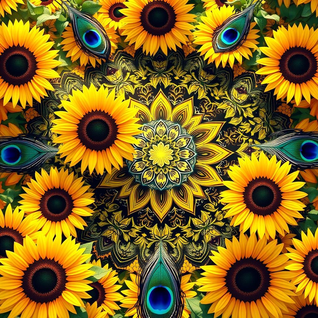 a sunflower garden with peacock feathers. The garden is arra...