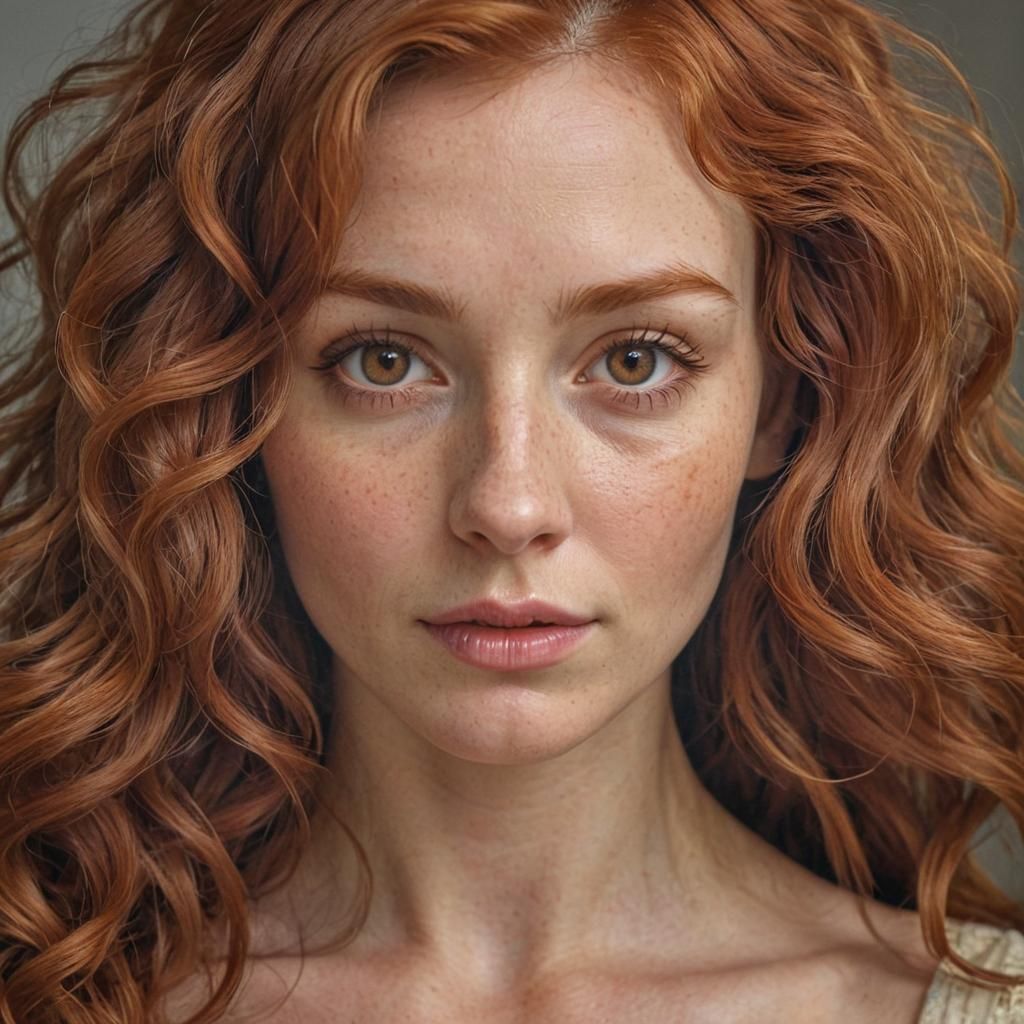 Hyperrealistic Portrait of a Redhead Woman with Brown Eyes