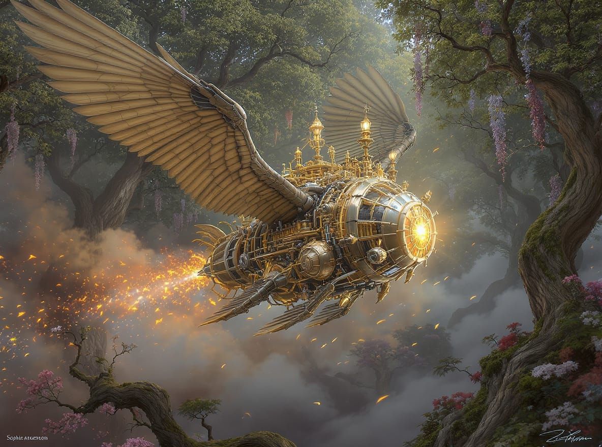 Steampunk Flying Machine in Fantasy Forest