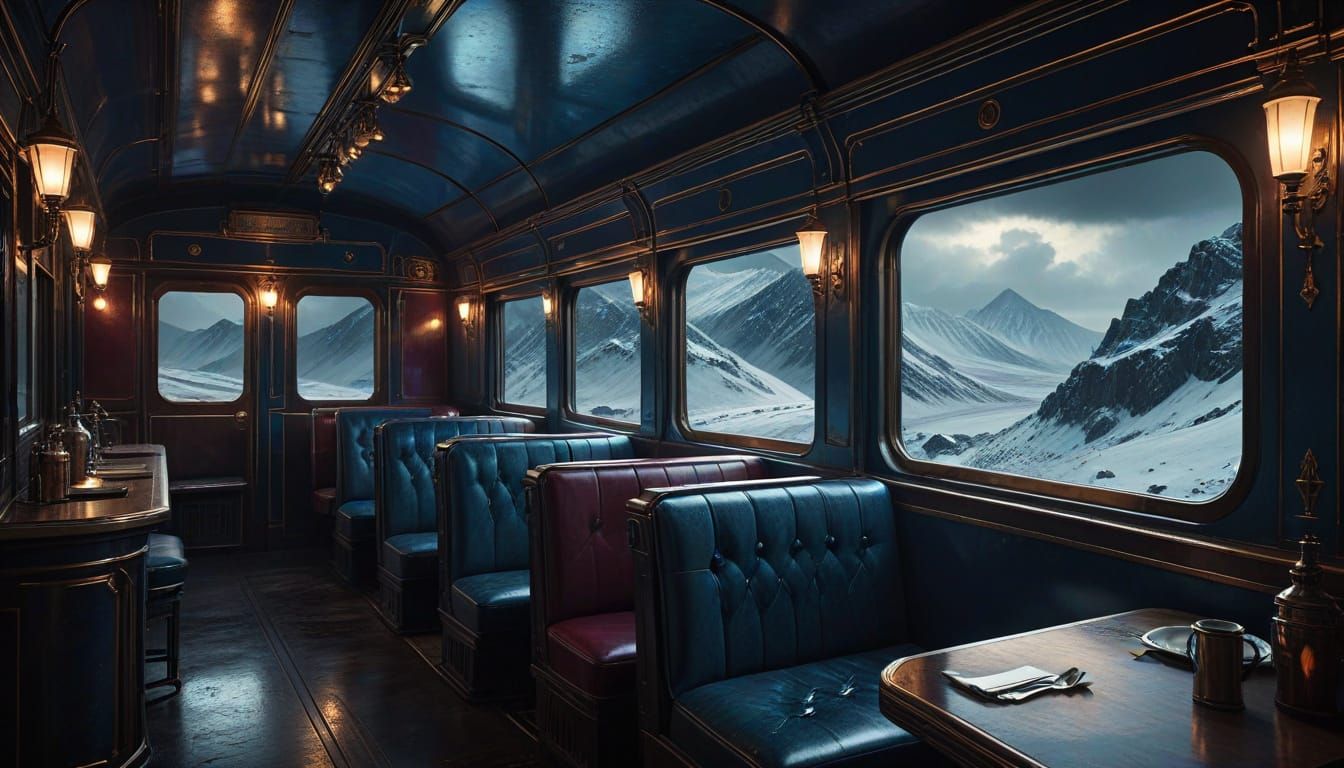 Art Deco Style  steampunk train crossing a frozen mountain p...