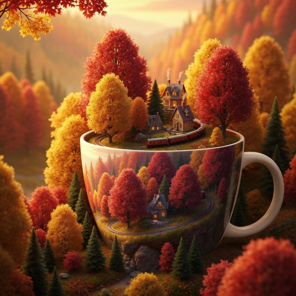 Autumn Train Journey Inside a Mug, Whimsical Miniature World
