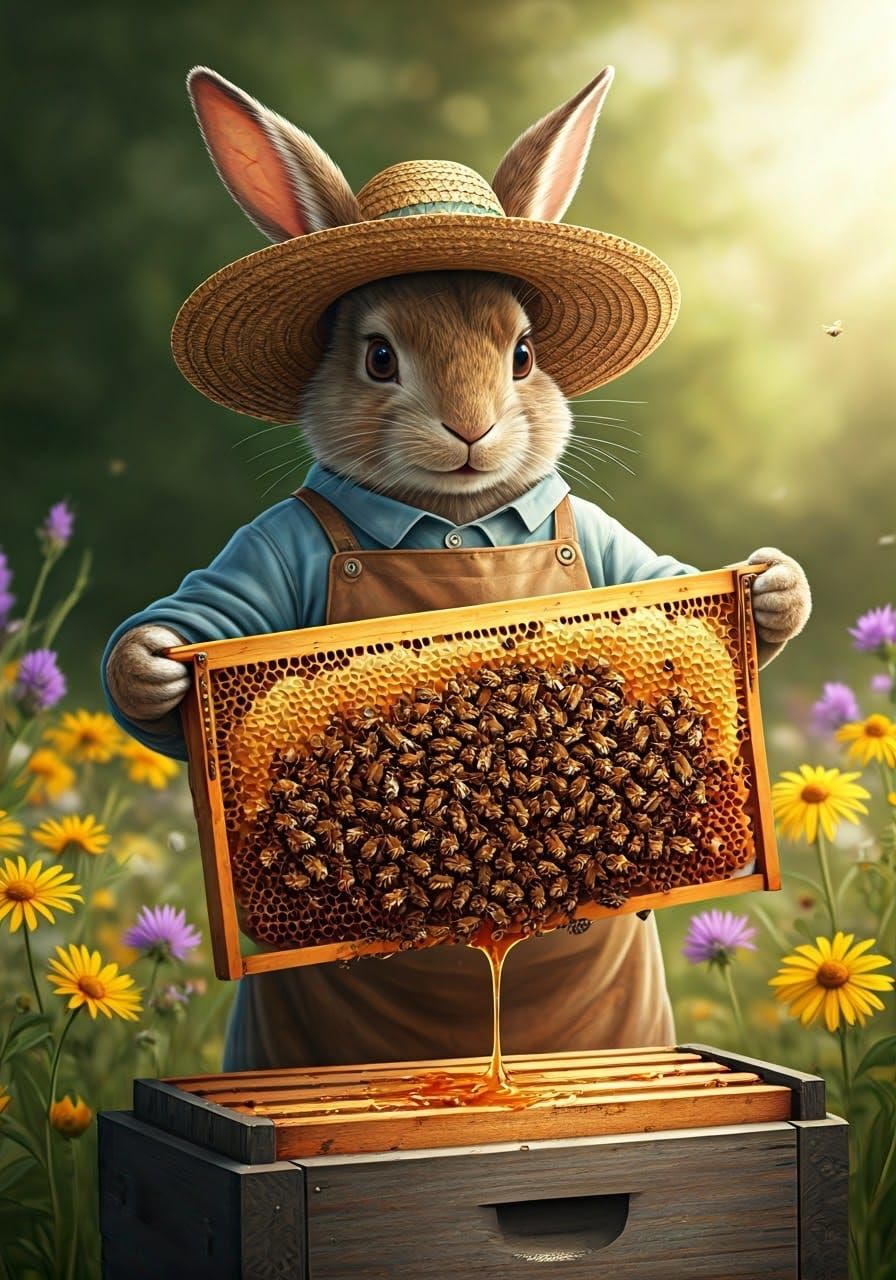 Rustic Rabbit Beekeeper Displays Golden Honeycomb