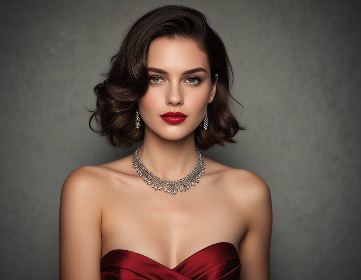 Elegant Woman in Dark Red Satin Gown Captured in Moody Portr...