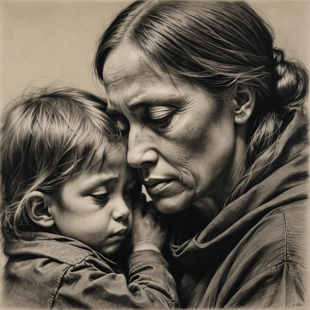 Mother and Child: Hyperdetailed Charcoal Drawing