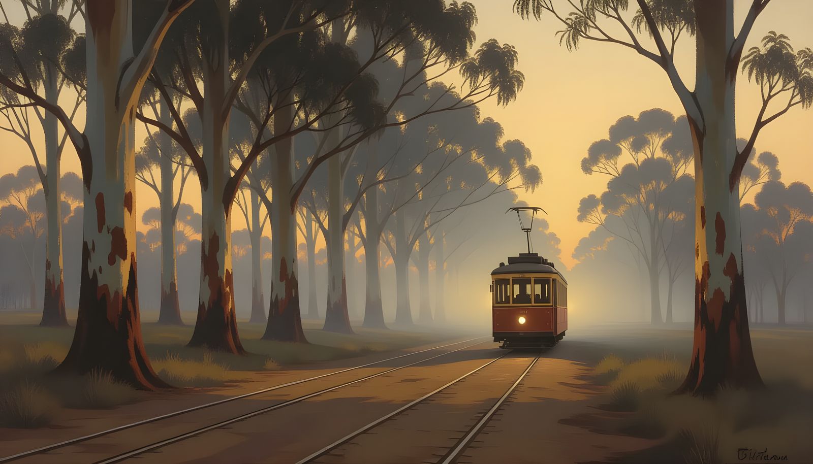 Spectral Tram in Australian Tonalist Twilight Landscape