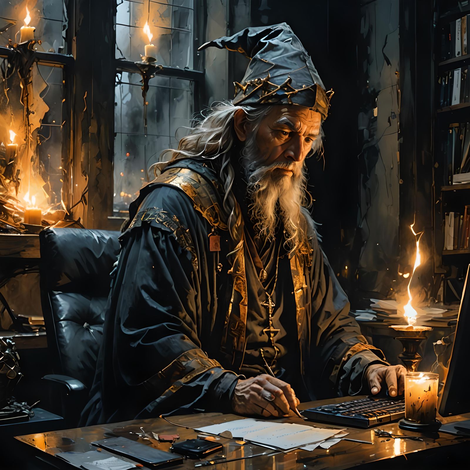 Medieval Wizard in Modern Office, Surreal Art