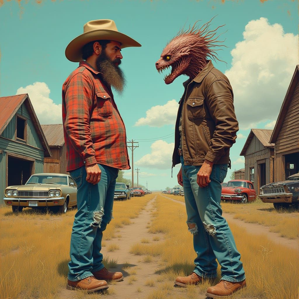 Rural Archetypes Clash in a Surreal, Satirical Confrontation