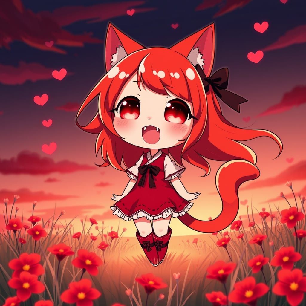 Cyberpunk Chibi Catgirl Dances Under Vibrant Red Evening Sky
