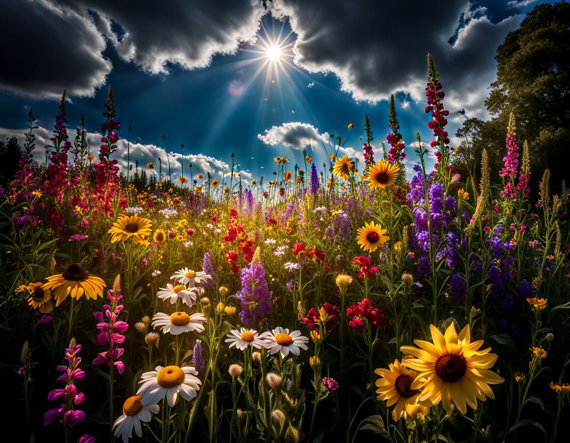 Lush Field of Wildflowers in Dramatic Sunlight
